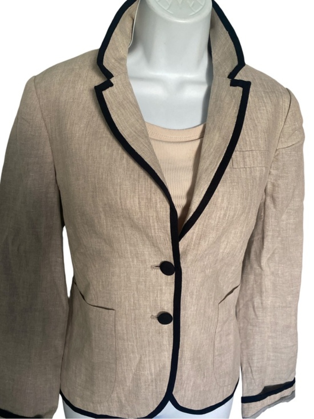 J Crew Schoolboy  Beige Linen Blazer with Black Trim- 4 NWOT
